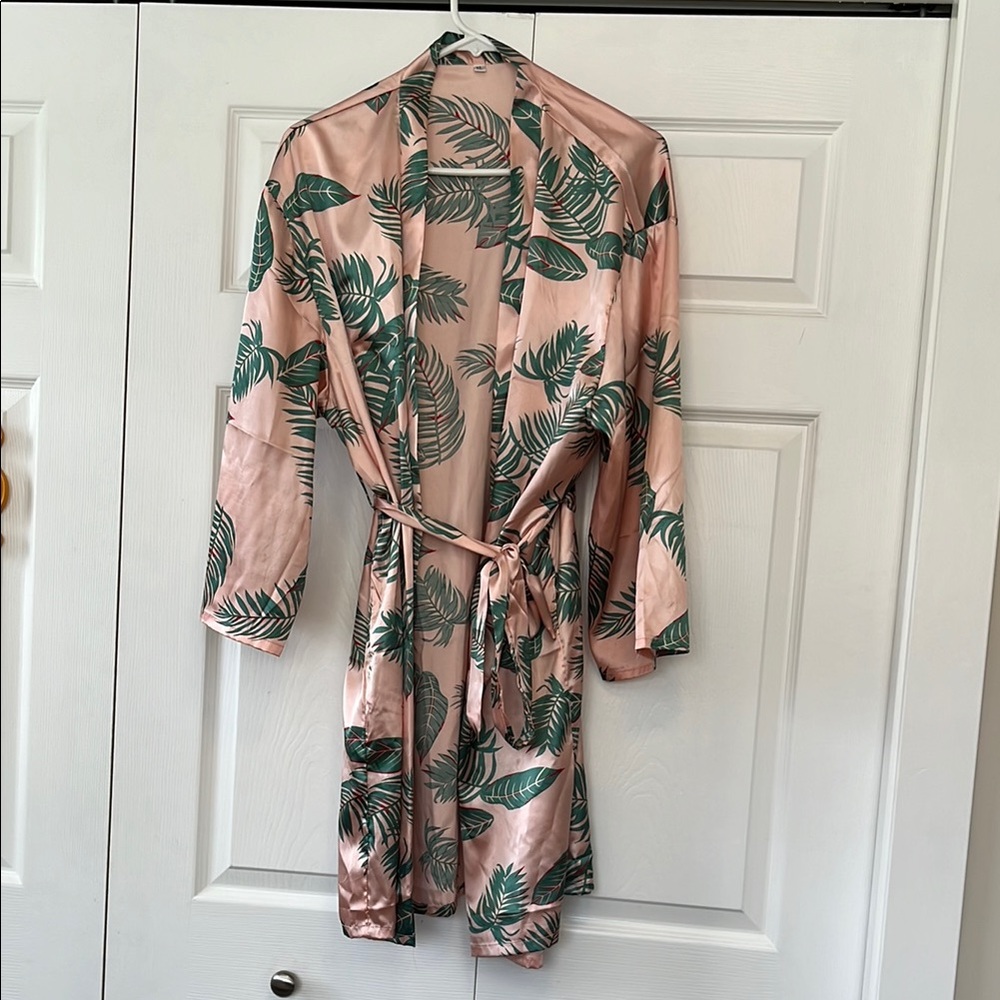 Pink and Green Leaf Print Satin Robe